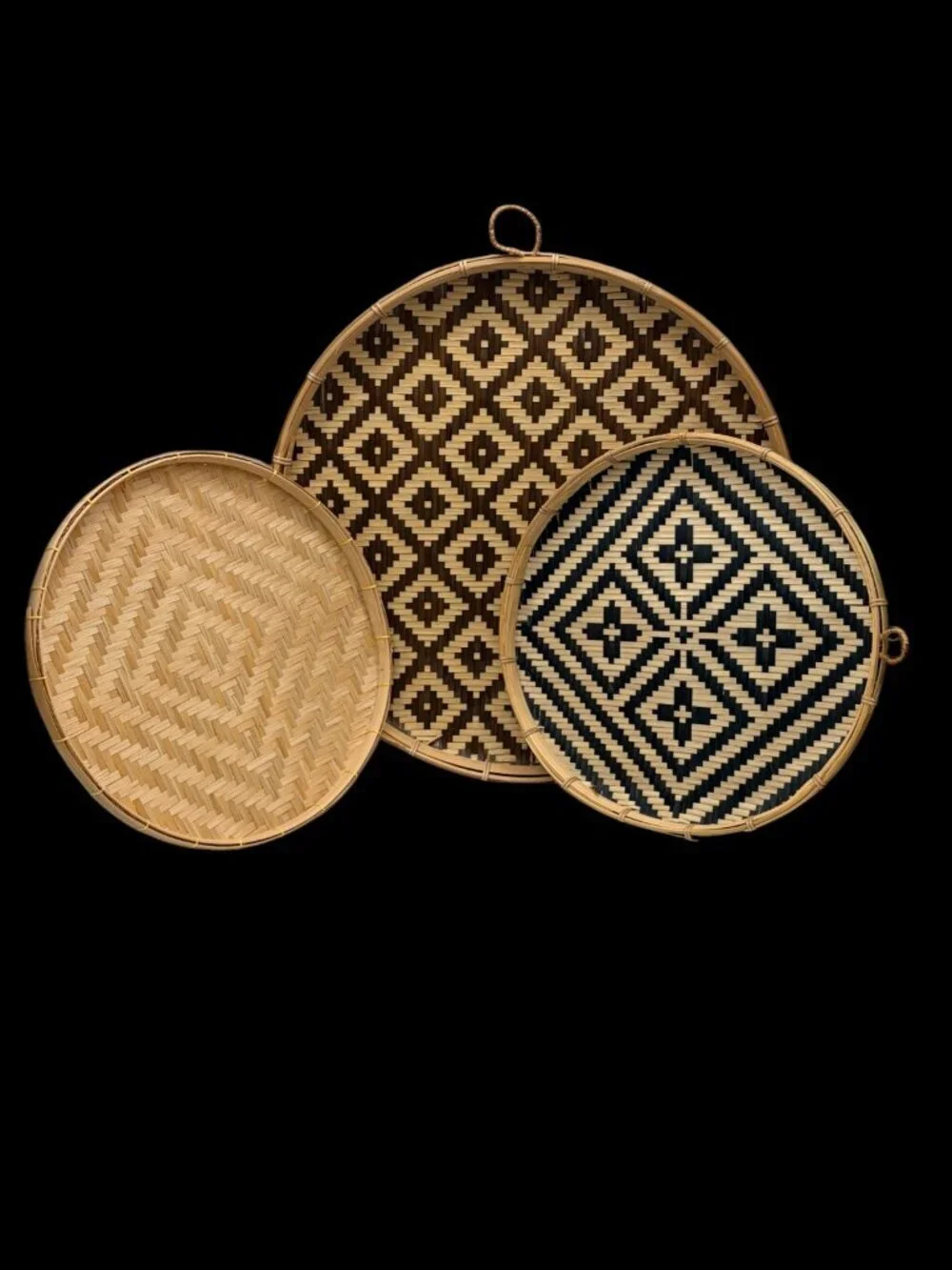 Set of 3 Handwoven Bamboo Wall Baskets Trays Boho Tribal Farmhouse Decor
